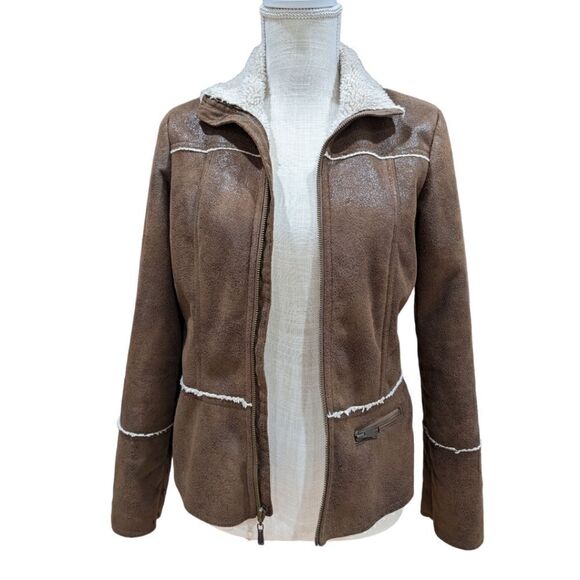 Prana Faux Suede Sherling Leather Sherpa Lining Dark Brown Zip Up Jacket Size XS - Picture 9 of 13